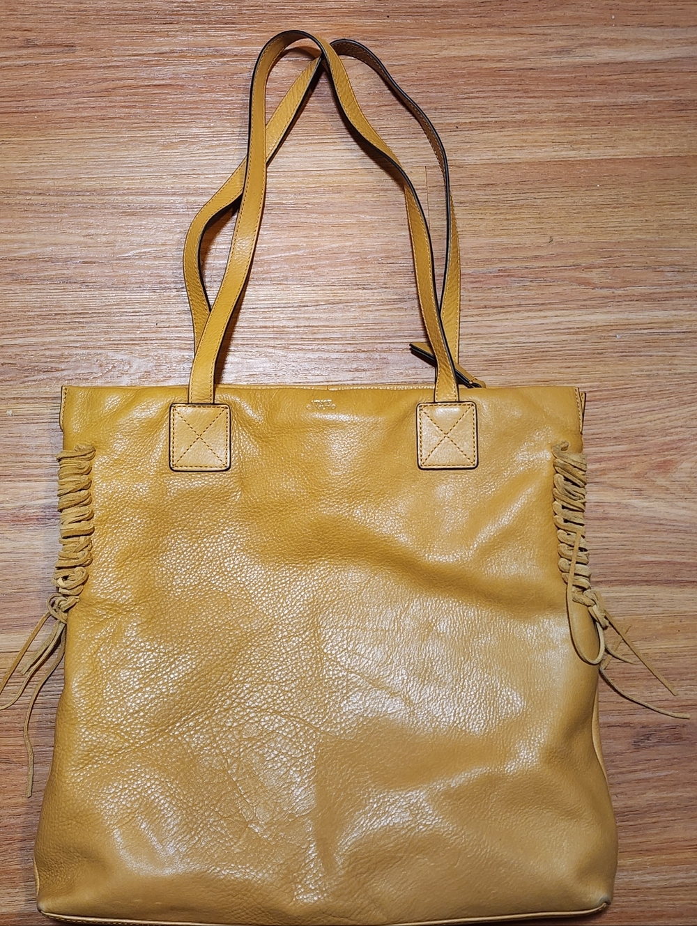 Yellow Leather Tote Bag with Side Fringe